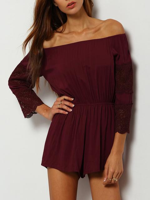 Burgundy Off The Shoulder Lace Embellished Jumpsuit