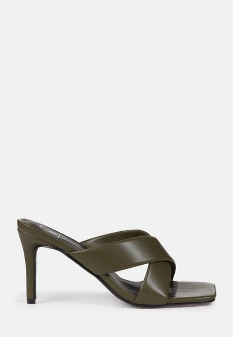 Khaki Cross Strap Square Toe Mules, Kahki