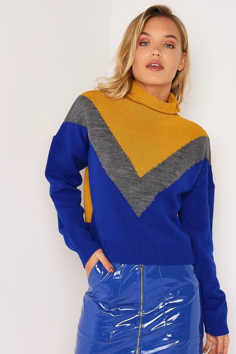 Mustard & Blue Roll Neck Cropped Jumper