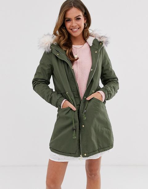 Glamorous - Parka Con Bordo In Pelliccia Sintetica - Verde