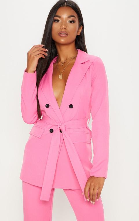 Pink Belted Longline Woven Blazer, Pink