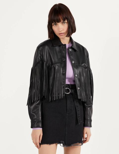 Faux Leather Jacket With Fringing