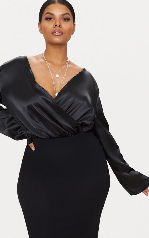 Plus Black Satin Plunge Bodysuit