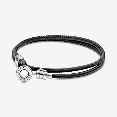 Pulsera Moments En Cuero Negro Doble Para Charms