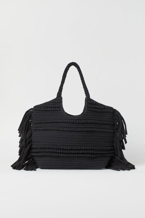 Bolso Shopper Con Flecos - Negro