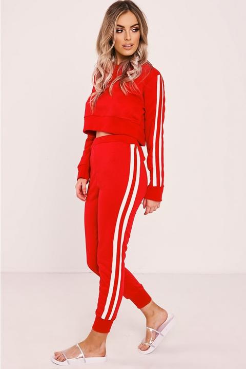 Carenza Red Sports Stripe Cropped Sweat Loungewear Set