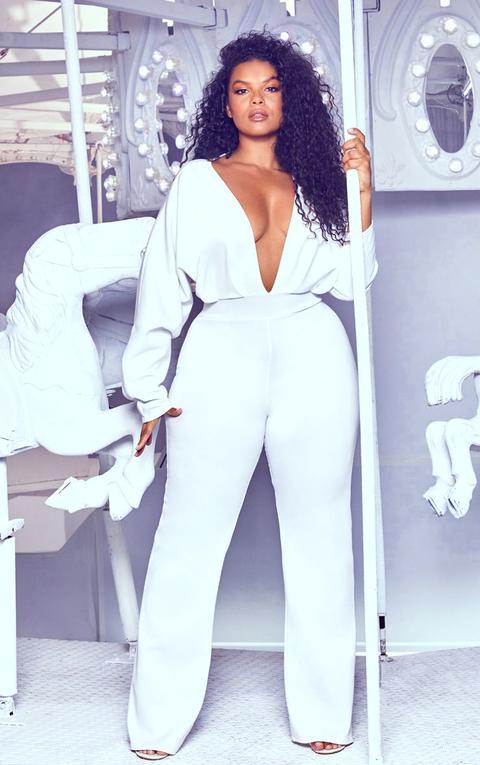 Plus White Pleated Balloon Sleeve Jumpsuit