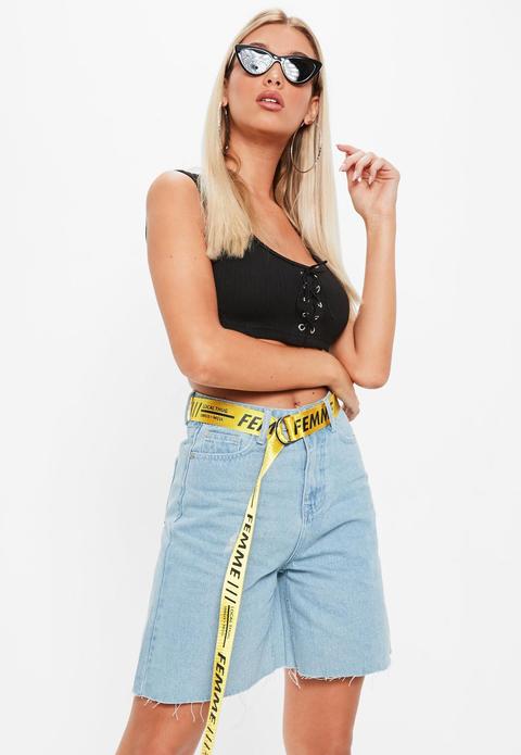 Blue Cut Hem Belted Long Denim Shorts, Blue