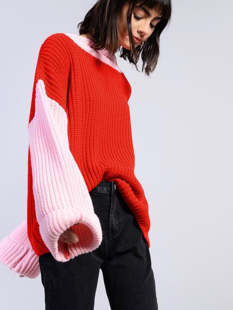 Red And Pink Block Colour Roll Sleeve Jumper