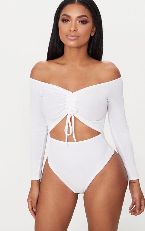 Shape White Ruched Detail Bardot Bodysuit