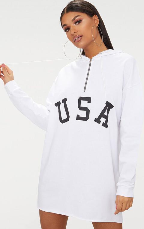 White Usa Zip Hooded Sweater Dress