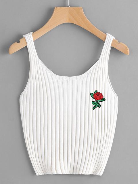 Rose Embroidered Patch Ribbed Top