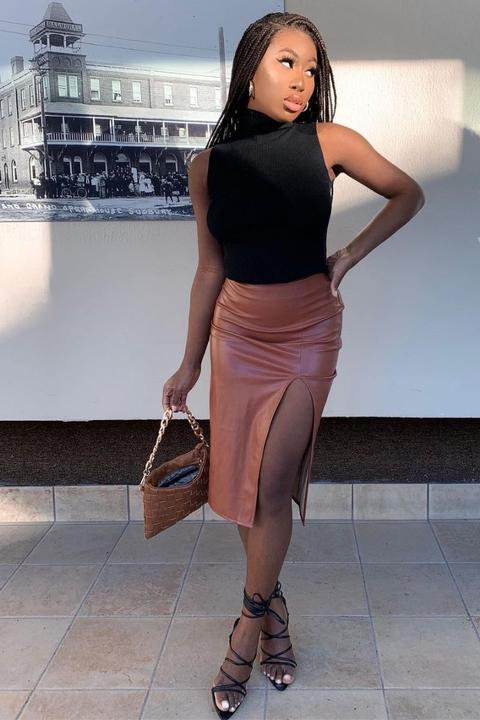 Brown Faux Leather Side Slit Midi Skirt- Olivia - 4