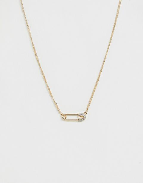 Asos Design Necklace With Safety Pin Pendant And Crystal Detail In Gold