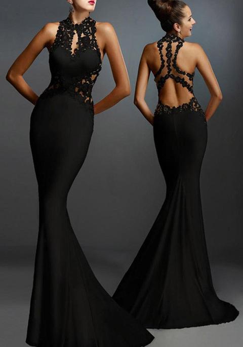 Maxi Abito Pizzo Elegante Backless Del Partito Di Sera Della Sirena Il Nero