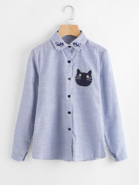 Vertical Striped Cartoon Cat Embroidery Shirt