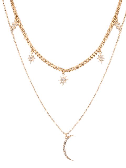 Collana A Strati Pendente Con Motivo A Luna E Stella Con Diamante Artificiale Golden