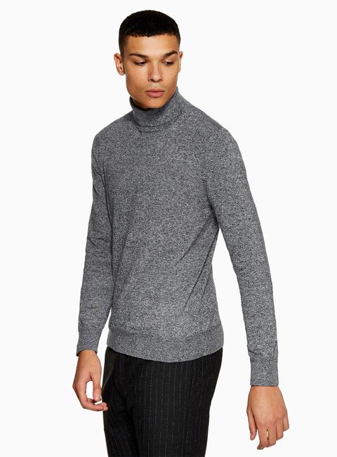 Mens Grey Salt And Pepper Roll Neck Jumper, Grey