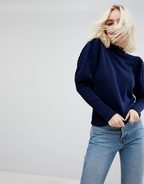 Asos - Maglione Con Maniche A Sbuffo Lavorate A Trecce - Navy