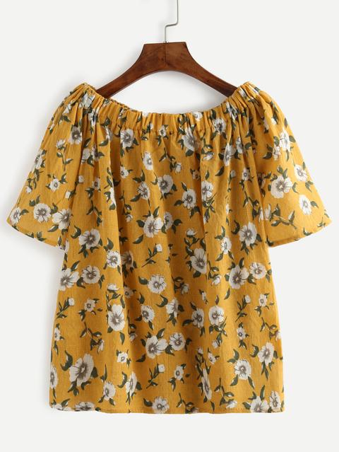Yellow Flower Print Off The Shoulder Blouse