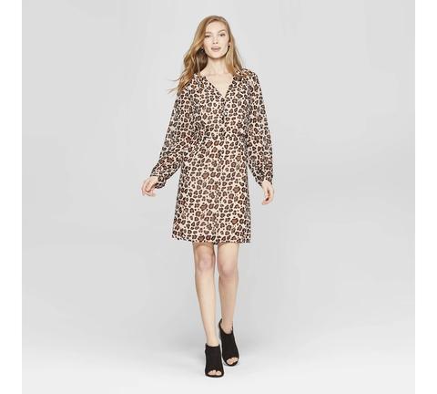 Leopard Print Long Sleeve Chiffon Dress 