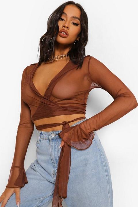 Womens Wrap Around Mesh Crop Shirt - Brown - 12, Brown