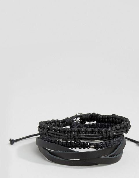 Icon Brand - Confezione Di Bracciali Neri In Pelle E Intrecciati - Nero
