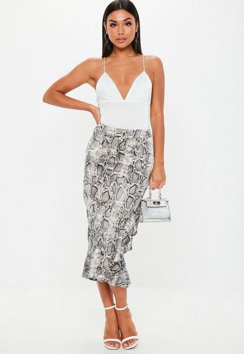 Grey Snake Print Frill Hem Asymmetric Midi Skirt, Grey