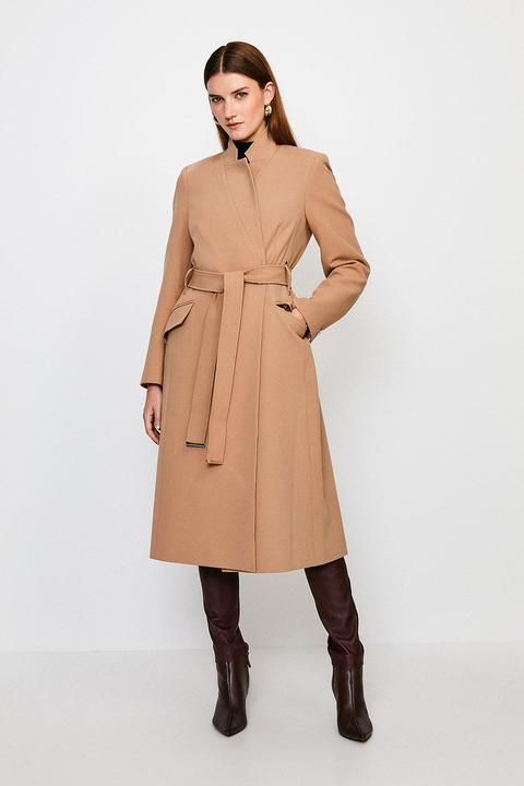 Karen Millen Compact Stretch Notch Neck Belted Coat -, Camel