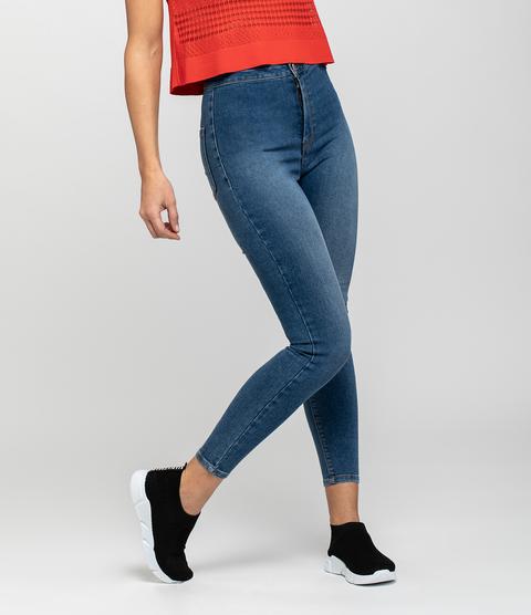 Jeggings Blu Medio Vita Alta E Bottone