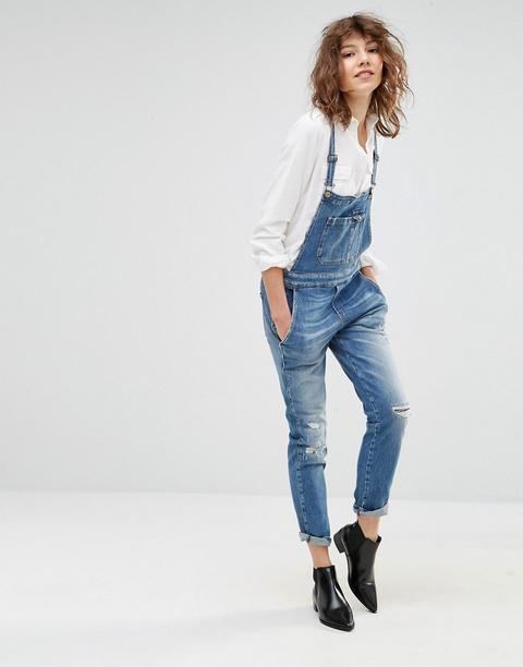 7 For All Mankind - Salopette Slim Con Strappi Ed Effetto Consumato - Blu