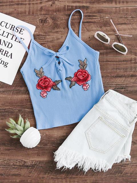 Rose Embroidered Applique Lace Up Ribbed Cami Top