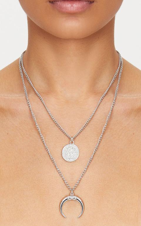 Silver Coin Bull Horn Layered Necklace