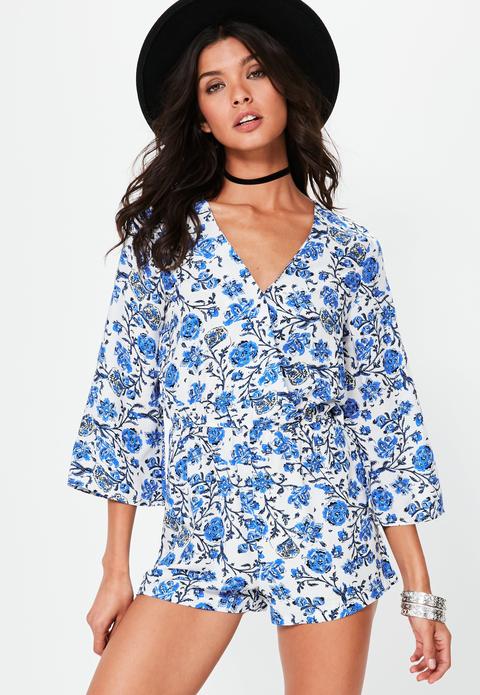 White Floral Printed Wrap Over Playsuit