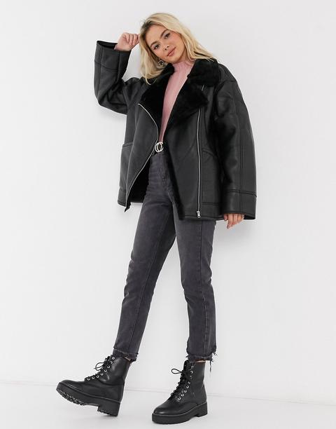 Asos Design Borg Aviator Jacket In Black