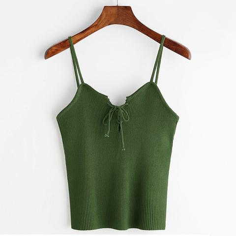 Verde Lace Up Front Coste Lavorato A Maglia Cami Top