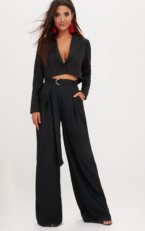 Black Wide Leg Tie Waist Trousers