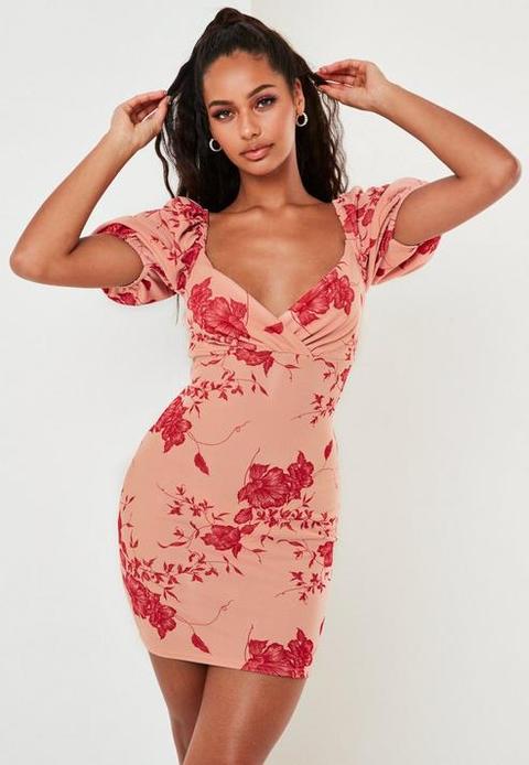 Pink Floral Print Wrap Milkmaid Mini Dress, Floral
