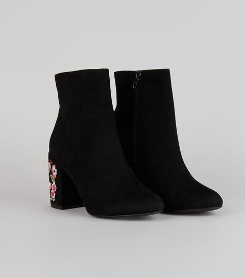 Black Suedette Floral Embroidered Heel Boots