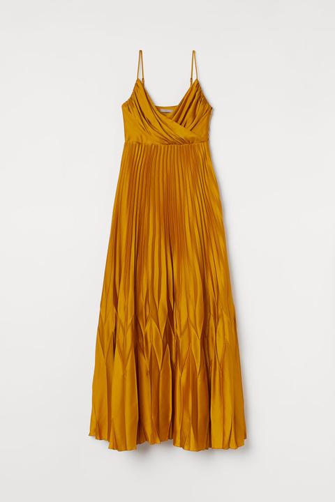 H & M - Abito Plissettato In Satin - Giallo