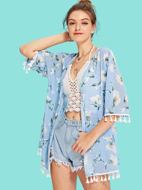 Kimono Con Stampa Floreale A Forma Di Nappa