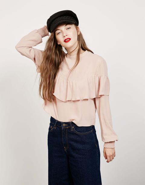 Blusa Crepe Volante Mangas Abullonadas - Camisas - Bershka España