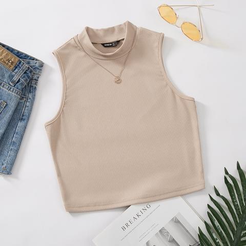 Mock Neck Rib-knit Tank Top Without Necklace