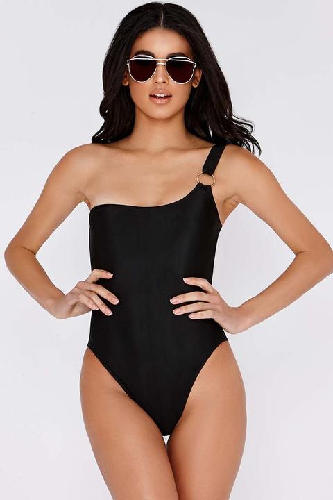 Black Swimsuits - Madilyn Black One Shoulder Ring Detail Swimsuit