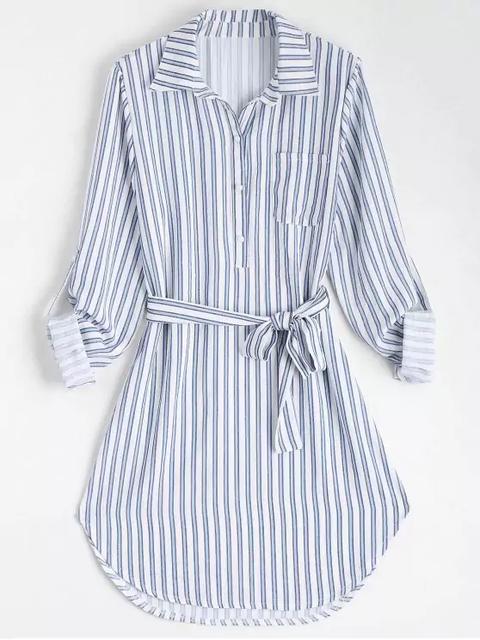 Vestido De Camisa De Manga Larga A Rayas Con Cinturón