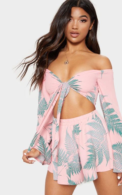 Pink Leaf Print Tie Front Bardot Crop Top