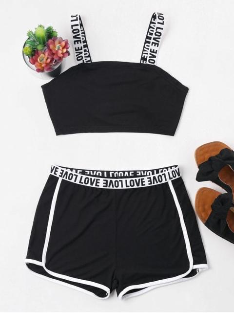 Letter Contrast Trim Shorts Chándal Black