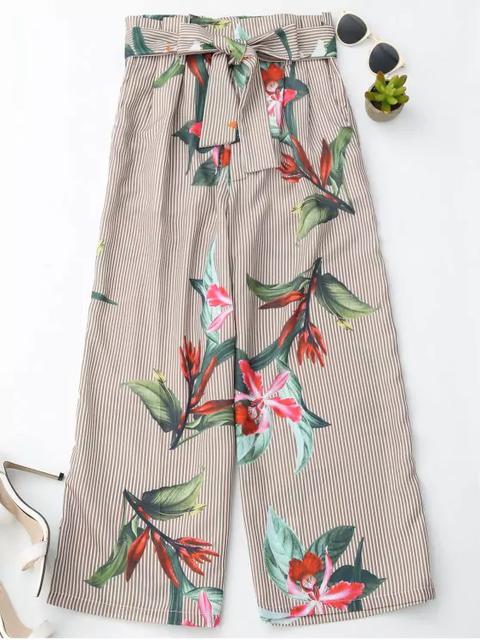 Floral Striped Wide Leg Pants With Belt