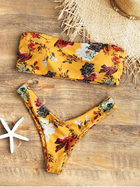 Bikini Sin Tirantes Floral De Corte Alto Mustard