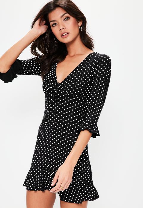 Black Polka Dot Print Frill Tea Dress from Missguided on 21 Buttons